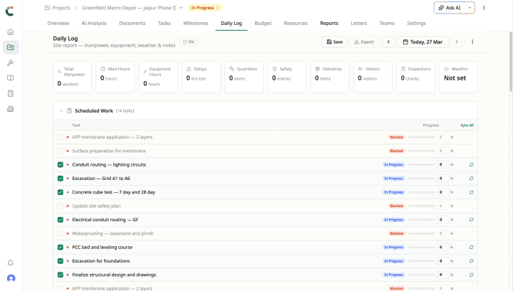 Daily log mobile interface showing manpower, equipment, weather entries with live sync