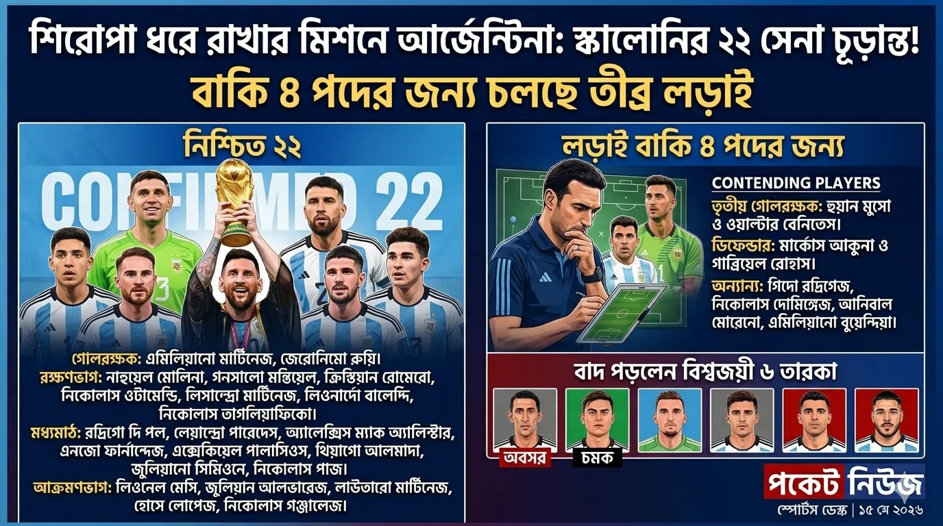 শিরোপা ধরে রাখার মিশনে আর্জেন্টিনা: স্কালোনির ২২ সেনা চূড়ান্ত, লড়াই বাকি ৪ পদের জন্য শিরোপা ধরে রাখার মিশনে আর্জেন্টিনা: স্কালোনির ২২ সেনা চূড়ান্ত, লড়াই বাকি ৪ পদের জন্য