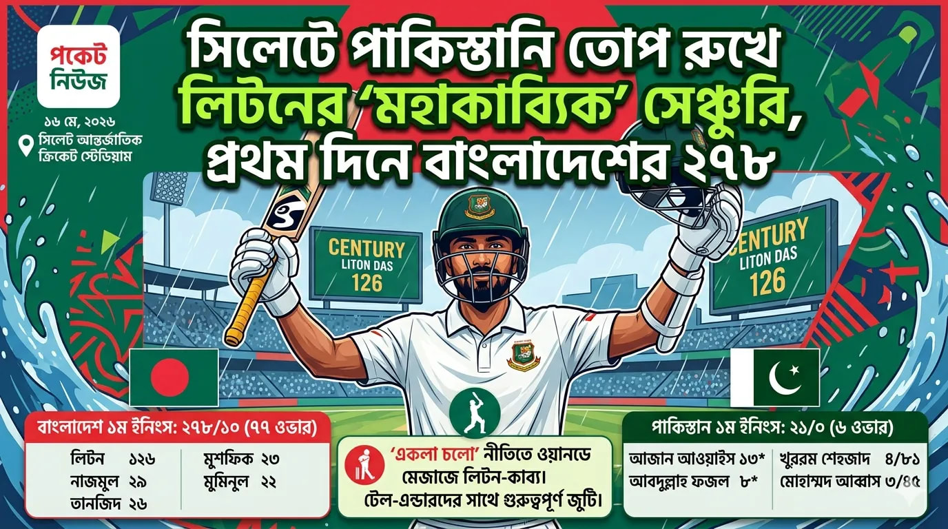 সিলেটে পাকিস্তানি তোপ রুখে লিটনের ‘মহাকাব্যিক’ সেঞ্চুরি, প্রথম দিনে বাংলাদেশের ২৭৮ সিলেটে পাকিস্তানি তোপ রুখে লিটনের ‘মহাকাব্যিক’ সেঞ্চুরি, প্রথম দিনে বাংলাদেশের ২৭৮