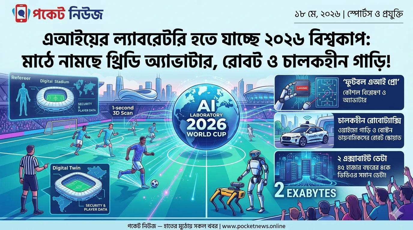 এআইয়ের ল্যাবরেটরি হতে যাচ্ছে ২০২৬ বিশ্বকাপ: মাঠে নামছে থ্রিডি অ্যাভাটার, রোবট ও চালকহীন গাড়ি! এআইয়ের ল্যাবরেটরি হতে যাচ্ছে ২০২৬ বিশ্বকাপ: মাঠে নামছে থ্রিডি অ্যাভাটার, রোবট ও চালকহীন গাড়ি!