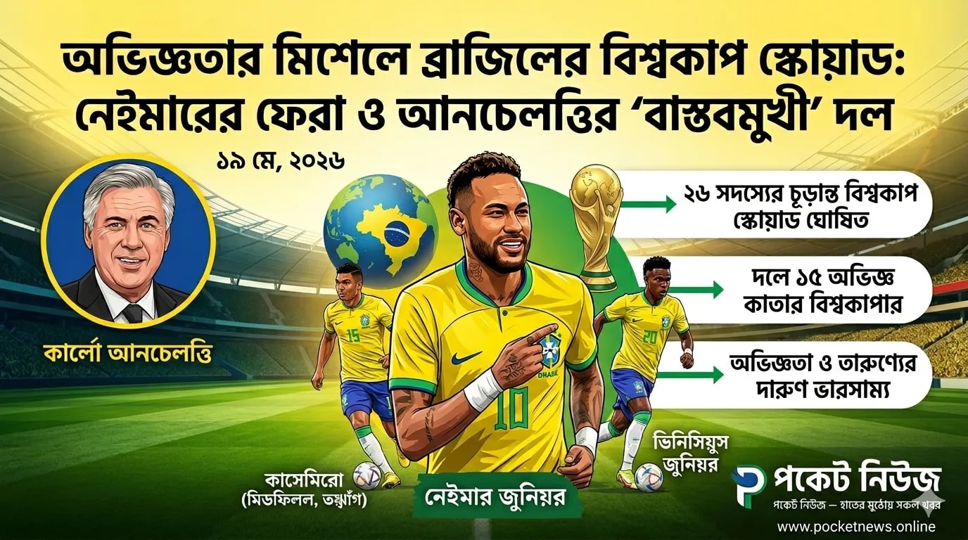 অভিজ্ঞতার মিশেলে ব্রাজিলের বিশ্বকাপ স্কোয়াড: নেইমারের ফেরা ও আনচেলত্তির ‘বাস্তবমুখী’ দল অভিজ্ঞতার মিশেলে ব্রাজিলের বিশ্বকাপ স্কোয়াড: নেইমারের ফেরা ও আনচেলত্তির ‘বাস্তবমুখী’ দল