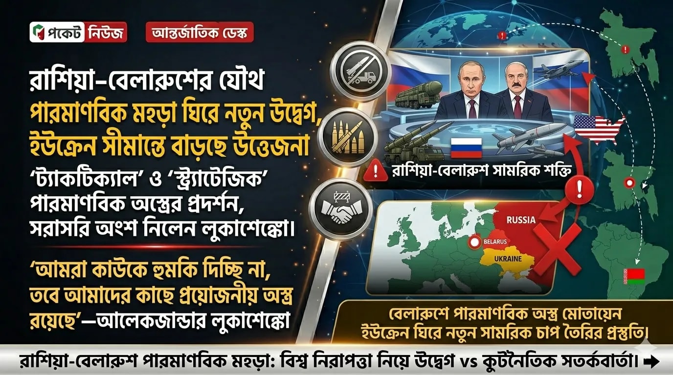 রাশিয়া–বেলারুশের যৌথ পারমাণবিক মহড়া ঘিরে নতুন উদ্বেগ, ইউক্রেন সীমান্তে বাড়ছে উত্তেজনা রাশিয়া–বেলারুশের যৌথ পারমাণবিক মহড়া ঘিরে নতুন উদ্বেগ, ইউক্রেন সীমান্তে বাড়ছে উত্তেজনা