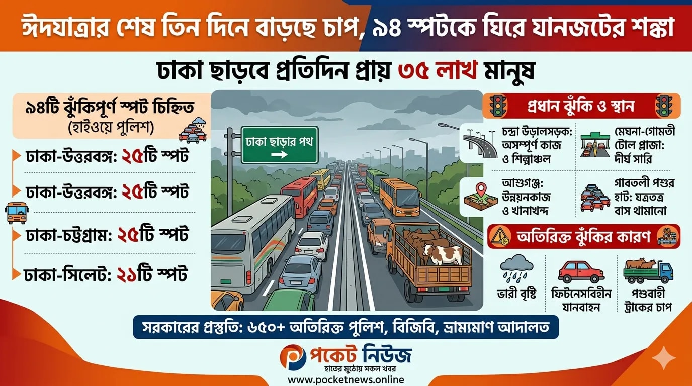 ঈদযাত্রার শেষ তিন দিনে বাড়ছে চাপ, ৯৪ স্পটকে ঘিরে যানজটের শঙ্কা ঈদযাত্রার শেষ তিন দিনে বাড়ছে চাপ, ৯৪ স্পটকে ঘিরে যানজটের শঙ্কা