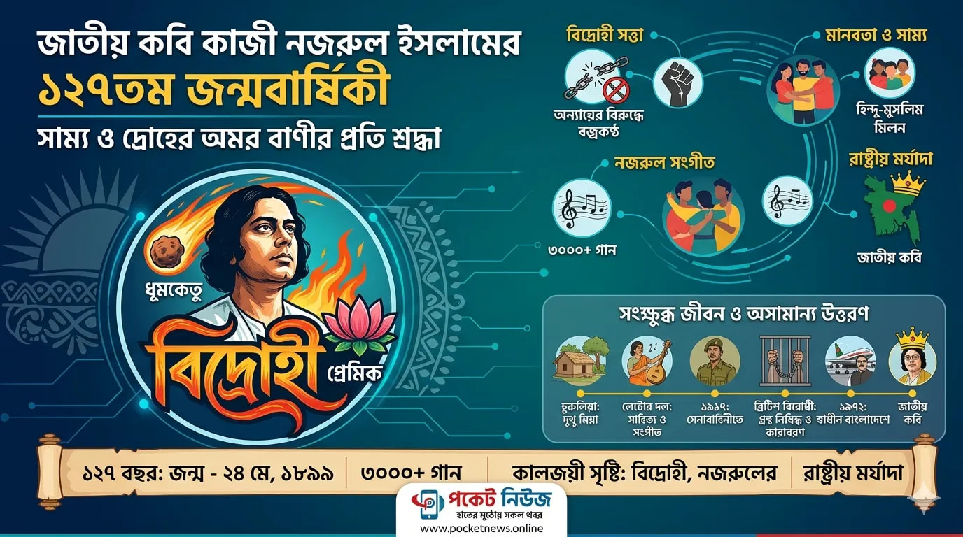 জাতীয় কবি কাজী নজরুল ইসলামের জন্মদিন আজ: সাম্য ও দ্রোহের অমর বাণীর প্রতি শ্রদ্ধা নিজস্ব প্রতিবেদক, পকেট নিউজ | ২৪ মে, ২০২৬ জাতীয় কবি কাজী নজরুল ইসলামের জন্মদিন আজ: সাম্য ও দ্রোহের অমর বাণীর প্রতি শ্রদ্ধা নিজস্ব প্রতিবেদক, পকেট নিউজ | ২৪ মে, ২০২৬