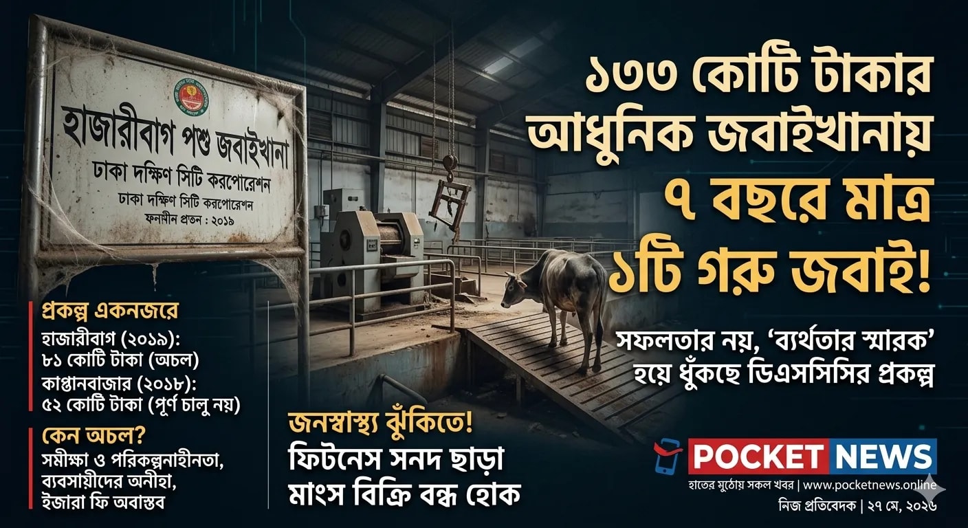 ১৩৩ কোটি টাকার আধুনিক জবাইখানায় সাত বছরে মাত্র একটি গরু: ‘ব্যর্থতার স্মারক’ হয়ে ধুঁকছে ডিএসসিসির প্রকল্প ১৩৩ কোটি টাকার আধুনিক জবাইখানায় সাত বছরে মাত্র একটি গরু: ‘ব্যর্থতার স্মারক’ হয়ে ধুঁকছে ডিএসসিসির প্রকল্প