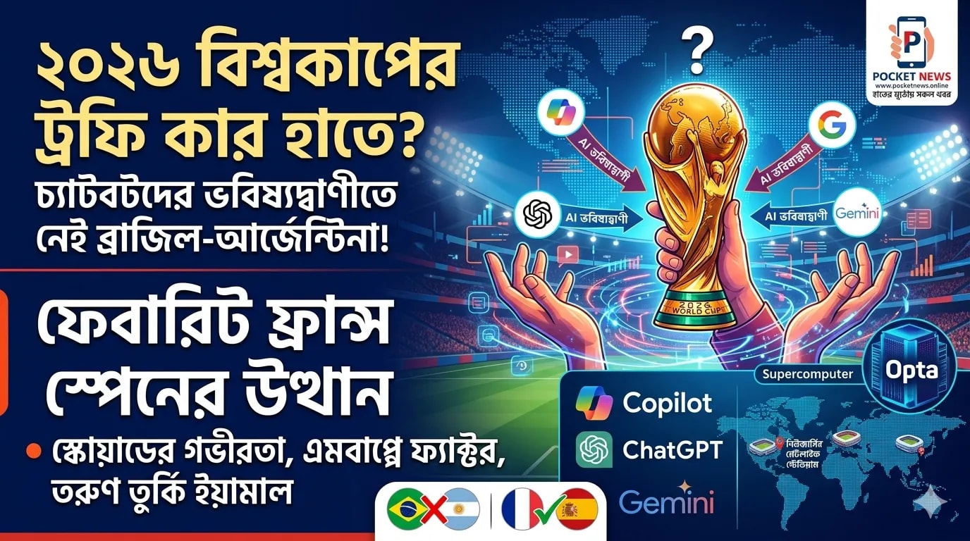 ২০২৬ বিশ্বকাপের ট্রফি কার হাতে? চ্যাটবটদের ভবিষ্যদ্বাণীতে নেই ব্রাজিল-আর্জেন্টিনা! ২০২৬ বিশ্বকাপের ট্রফি কার হাতে? চ্যাটবটদের ভবিষ্যদ্বাণীতে নেই ব্রাজিল-আর্জেন্টিনা!