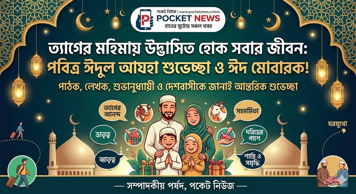 ত্যাগের মহিমায় উদ্ভাসিত হোক সবার জীবন: পাঠকদের ঈদ শুভেচ্ছা জানাল পকেট নিউজ ত্যাগের মহিমায় উদ্ভাসিত হোক সবার জীবন: পাঠকদের ঈদ শুভেচ্ছা জানাল পকেট নিউজ