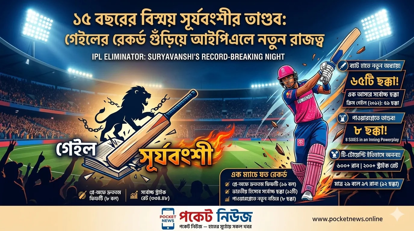 ১৫ বছরের বিস্ময় সূর্যবংশীর তাণ্ডব: গেইলের রেকর্ড গুঁড়িয়ে আইপিএলে নতুন রাজত্ব ১৫ বছরের বিস্ময় সূর্যবংশীর তাণ্ডব: গেইলের রেকর্ড গুঁড়িয়ে আইপিএলে নতুন রাজত্ব