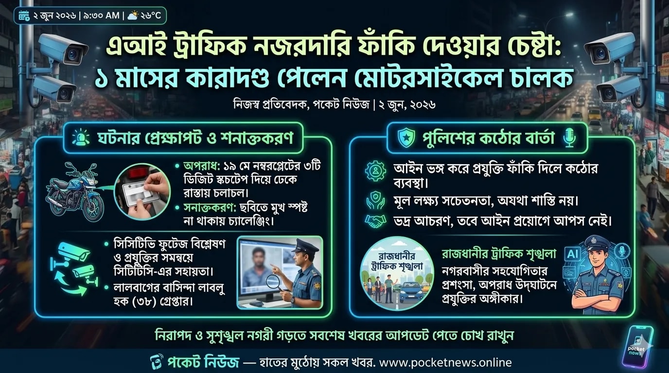 এআই ট্রাফিক নজরদারি ফাঁকি দেওয়ার চেষ্টা: ১ মাসের কারাদণ্ড পেলেন মোটরসাইকেল চালক এআই ট্রাফিক নজরদারি ফাঁকি দেওয়ার চেষ্টা: ১ মাসের কারাদণ্ড পেলেন মোটরসাইকেল চালক