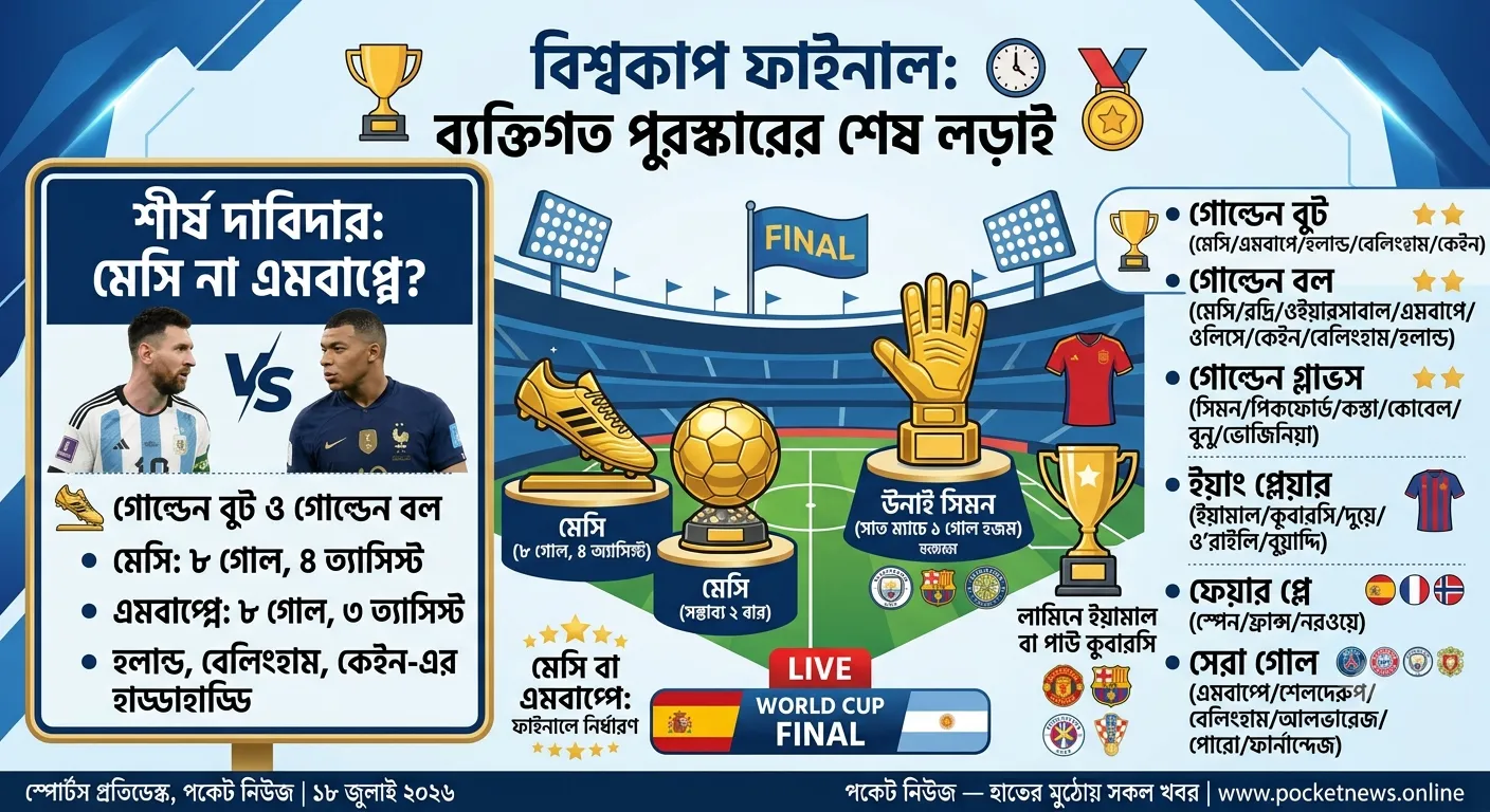 বিশ্বকাপ ফাইনালের আগে ব্যক্তিগত পুরস্কারের লড়াই জমে উঠেছে বিশ্বকাপ ফাইনালের আগে ব্যক্তিগত পুরস্কারের লড়াই জমে উঠেছে