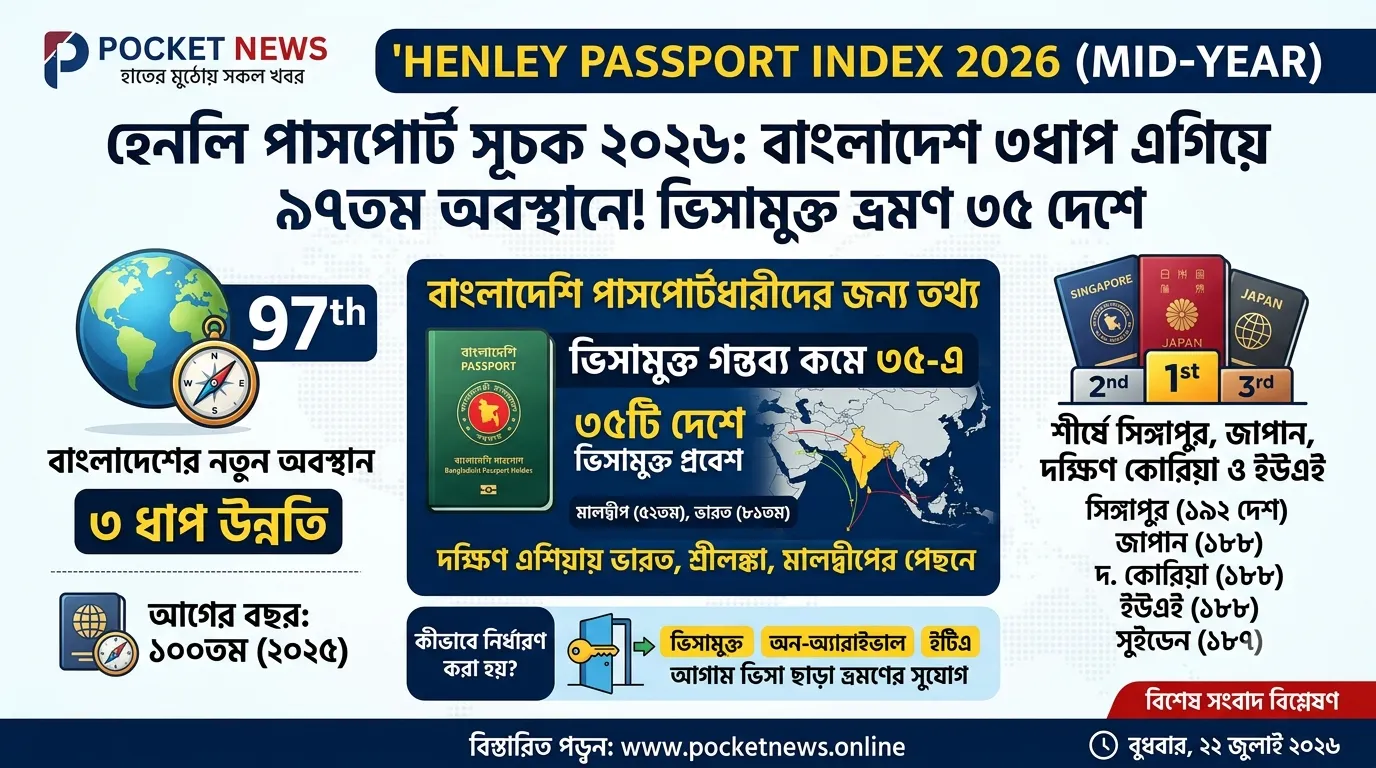 হেনলি পাসপোর্ট সূচকে তিন ধাপ এগিয়েছে বাংলাদেশ, ৯৭তম অবস্থানে উত্তর কোরিয়ার সঙ্গে; ভিসামুক্ত ভ্রমণের সুযোগ এখন ৩৫ দেশে হেনলি পাসপোর্ট সূচকে তিন ধাপ এগিয়েছে বাংলাদেশ, ৯৭তম অবস্থানে উত্তর কোরিয়ার সঙ্গে; ভিসামুক্ত ভ্রমণের সুযোগ এখন ৩৫ দেশে