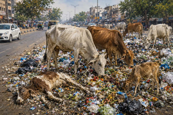 दूध निकाल कर कचरे में मुंह मारनेछोड़ रहे लालची मालिक ,सड़कों पर दम तोड़ती गायें