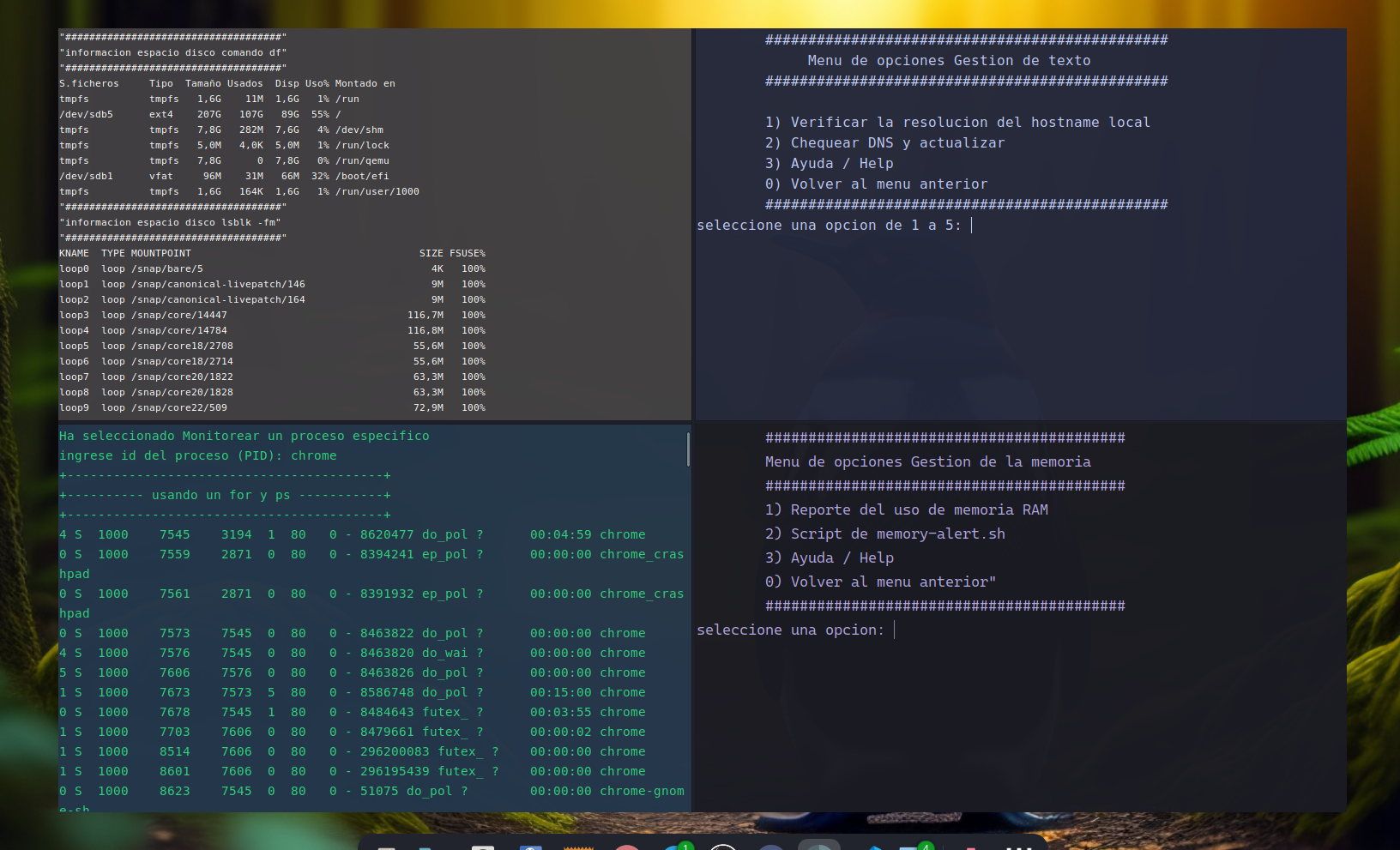 menues gestion memoria, texto y procesos Vistazo Detalles