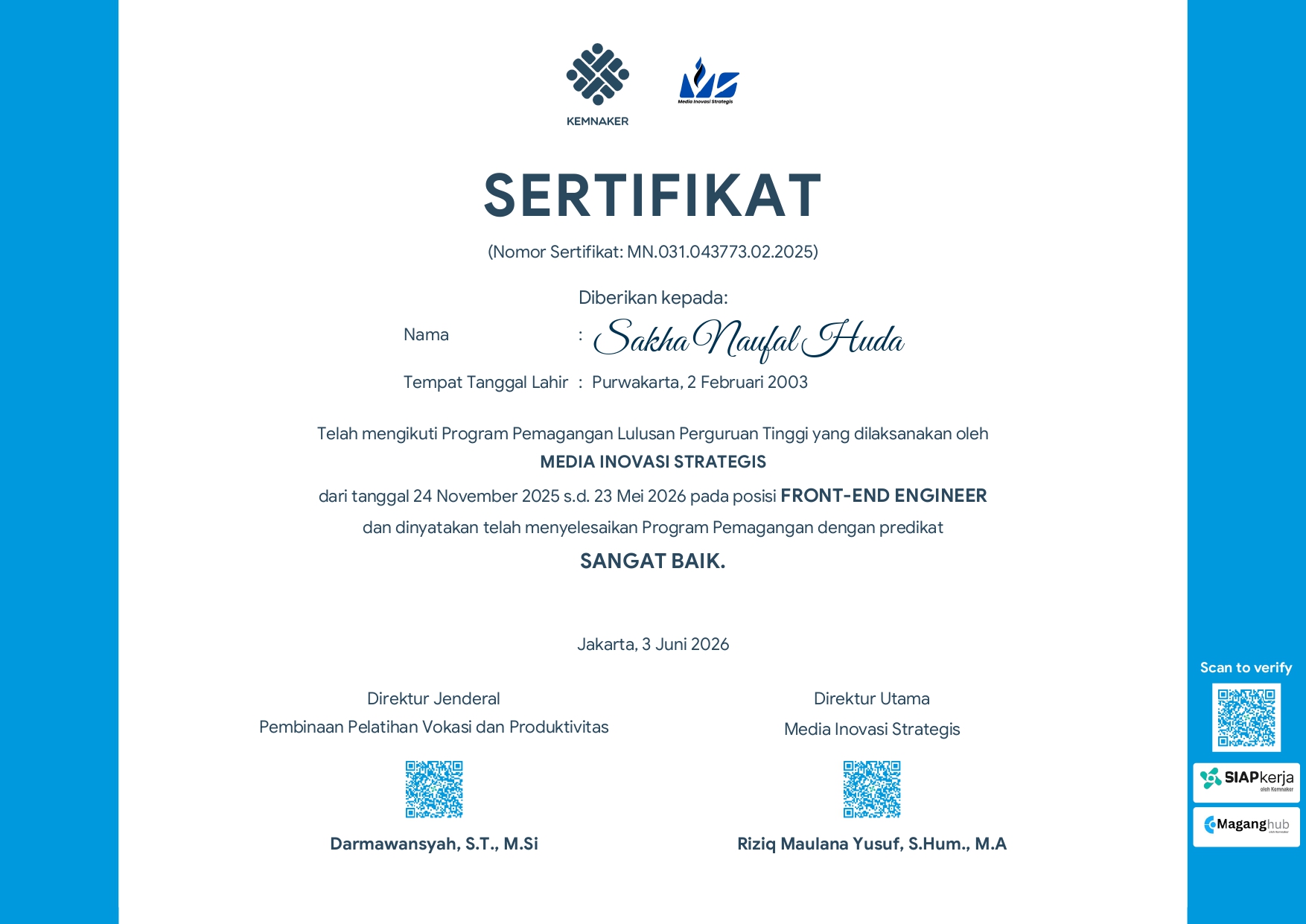 Sertifikat Pemagangan Lulusan Perguruan Tinggi: Front-End Engineer badge