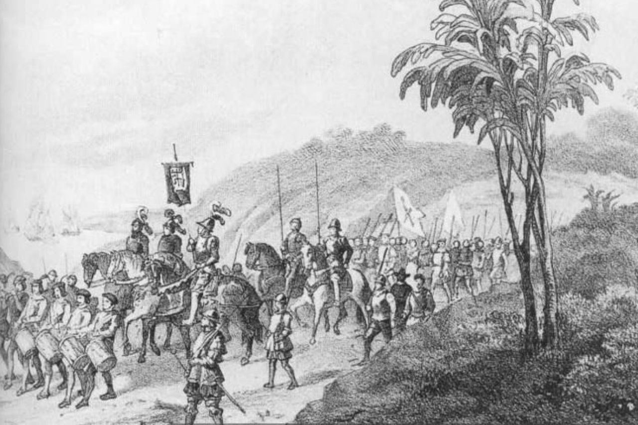 Ilustración que retrata un ejército español marchando por América | Fuente: Wikimedia Commons