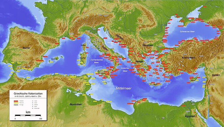 Mapa completo de las colonias griegas y púnicas en el siglo IV a. C. en la cuenca de mediterráneo