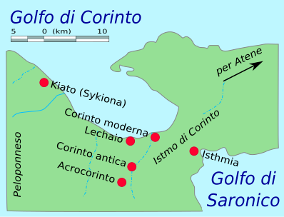 Mapa de la zona alrededor del antiguo Lecaheum, cerca de Corinto.