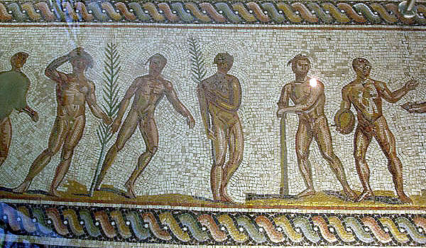 Suelo de mosaico que representa a varios atletas con coronas de flores | Fuente: Museo de Olimpia