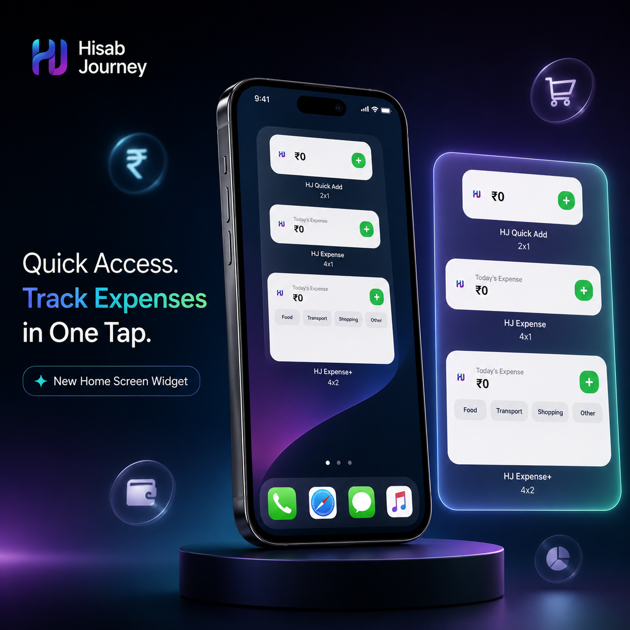The three Hisab Journey home screen widgets: HJ Quick Add at 2x1, HJ Expense at 4x1, and HJ Expense+ at 4x2 with Food, Transport, Shopping and Other shortcuts