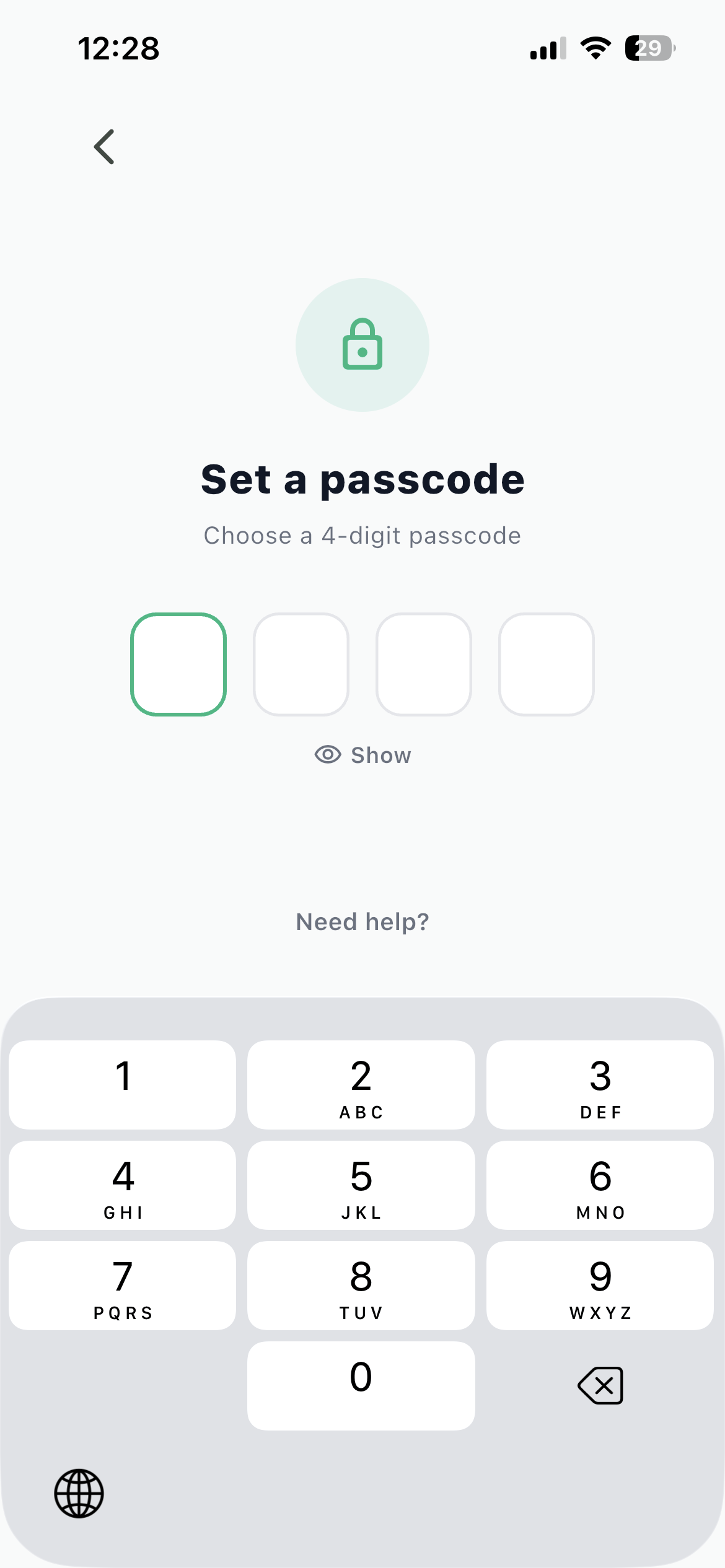 Set a passcode screen in Hisab Journey with four empty digit boxes, a Show toggle and a number keypad