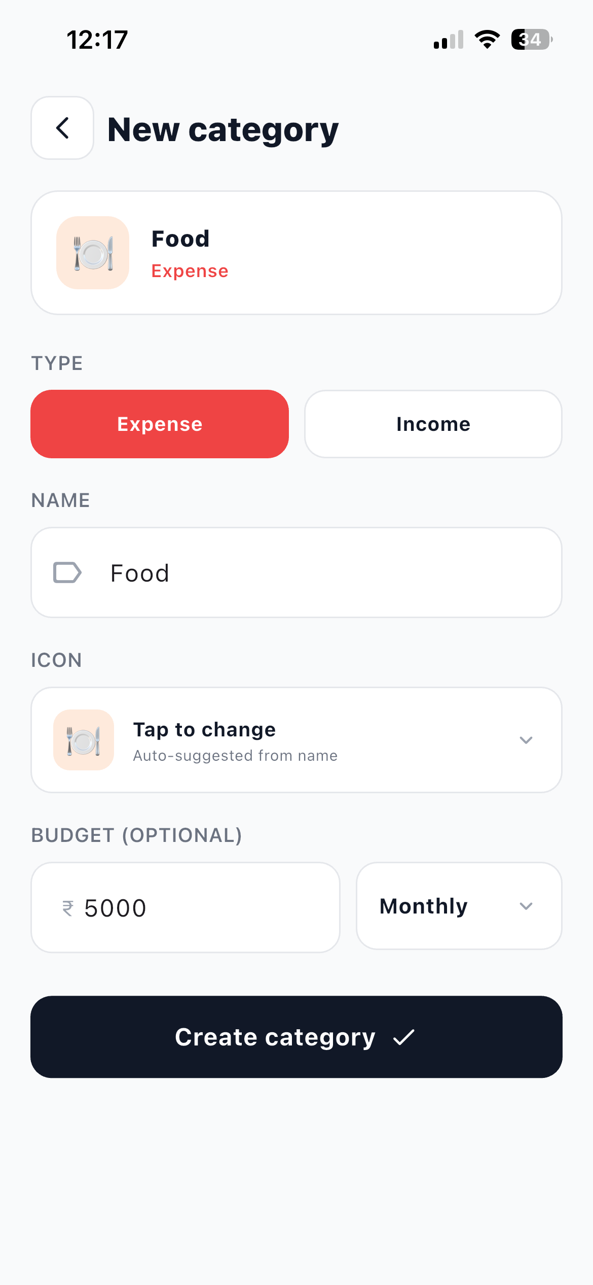 New category form in Hisab Journey with the Expense type selected, the name Food, an auto-suggested icon and a monthly budget of 5,000 rupees