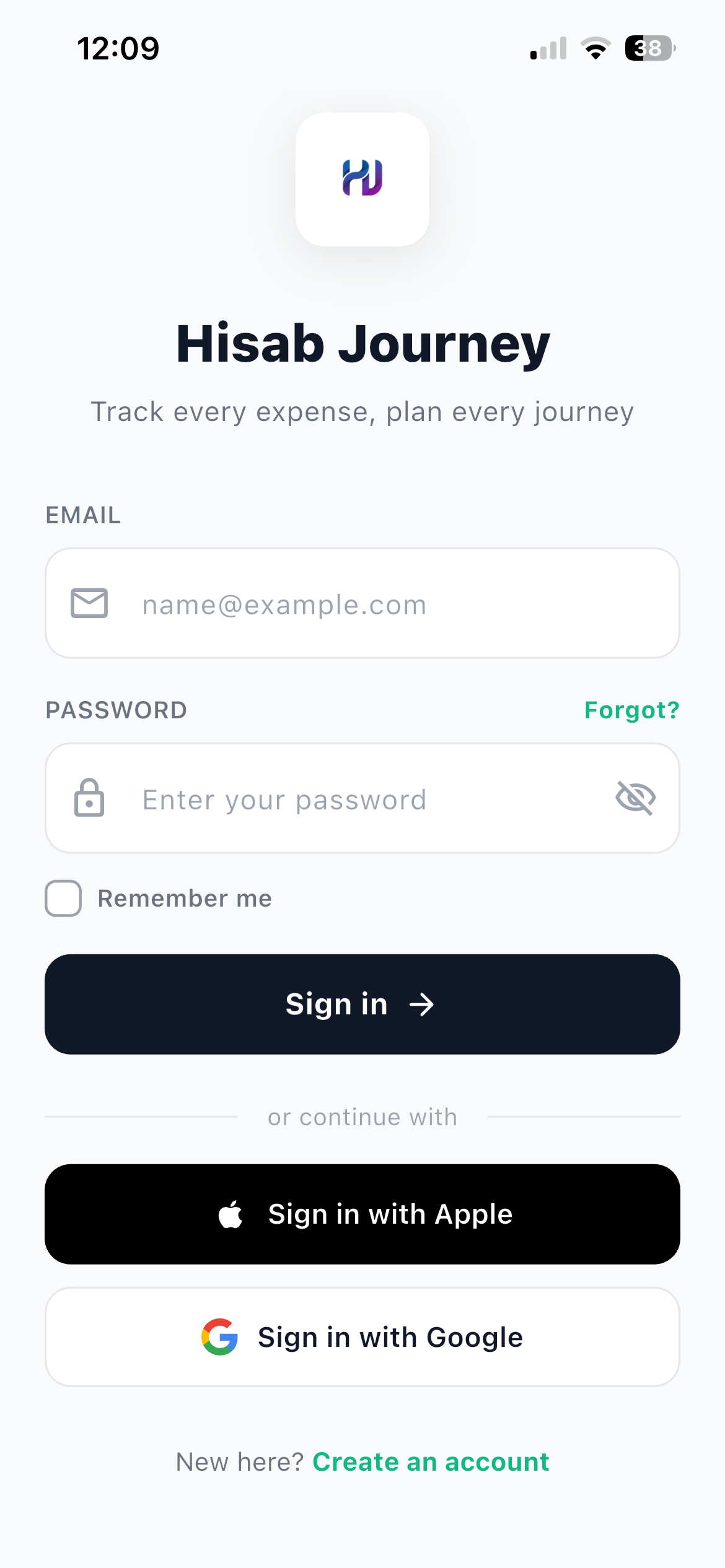 Hisab Journey sign in screen with email and password fields, Sign in with Apple and Sign in with Google buttons, and a Create an account link