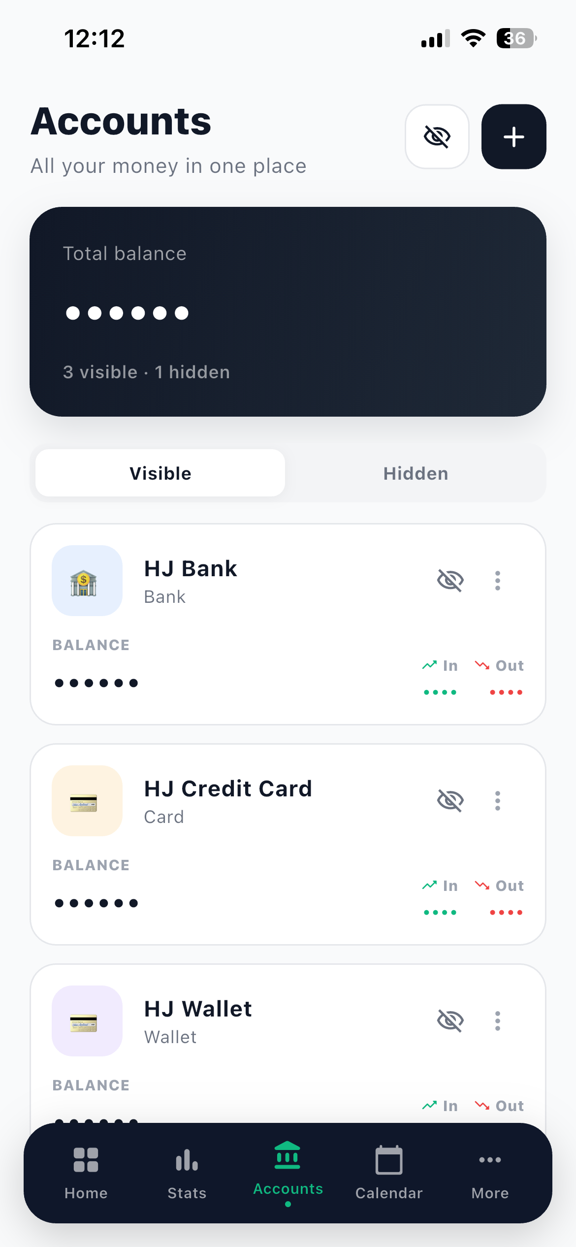 Accounts tab in Hisab Journey listing a bank, card and wallet account, with the total balance hidden behind the eye toggle