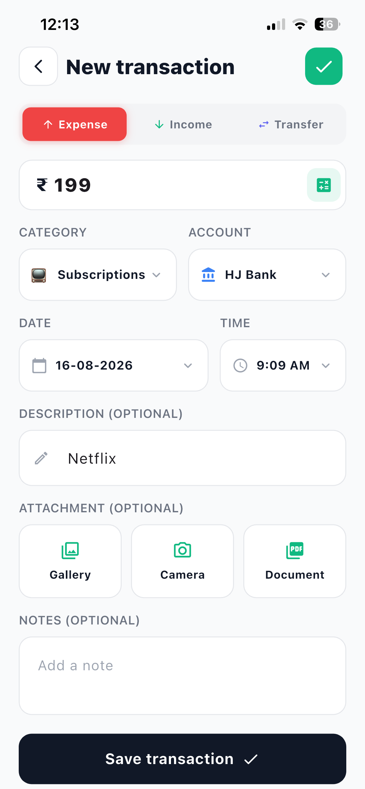 Hisab Journey new transaction form with the Expense tab selected, an amount of 199 rupees, the Subscriptions category and the HJ Bank account