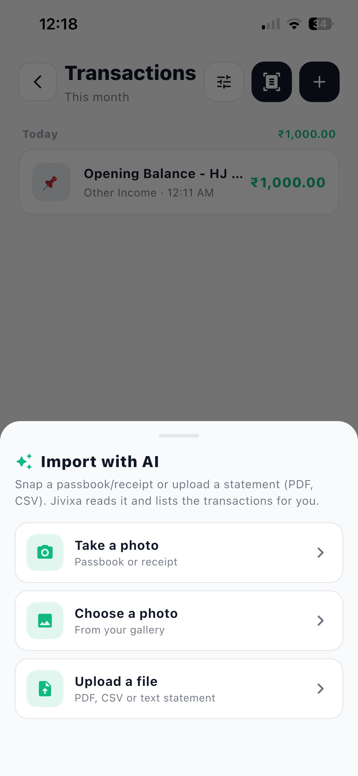 Import with AI sheet in Hisab Journey offering Take a photo, Choose a photo and Upload a file