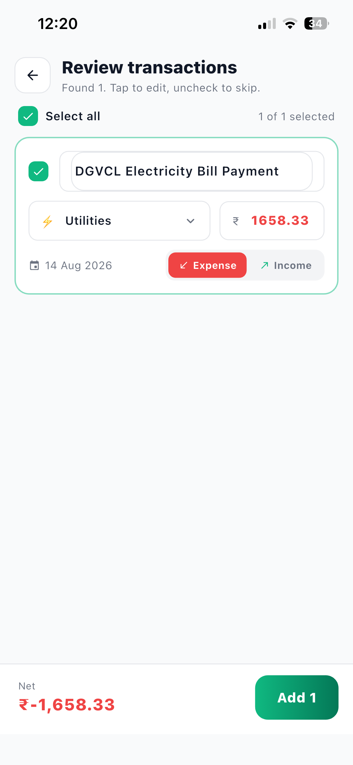 Review transactions screen showing one extracted electricity bill with an editable description, category and amount, and an Add 1 button