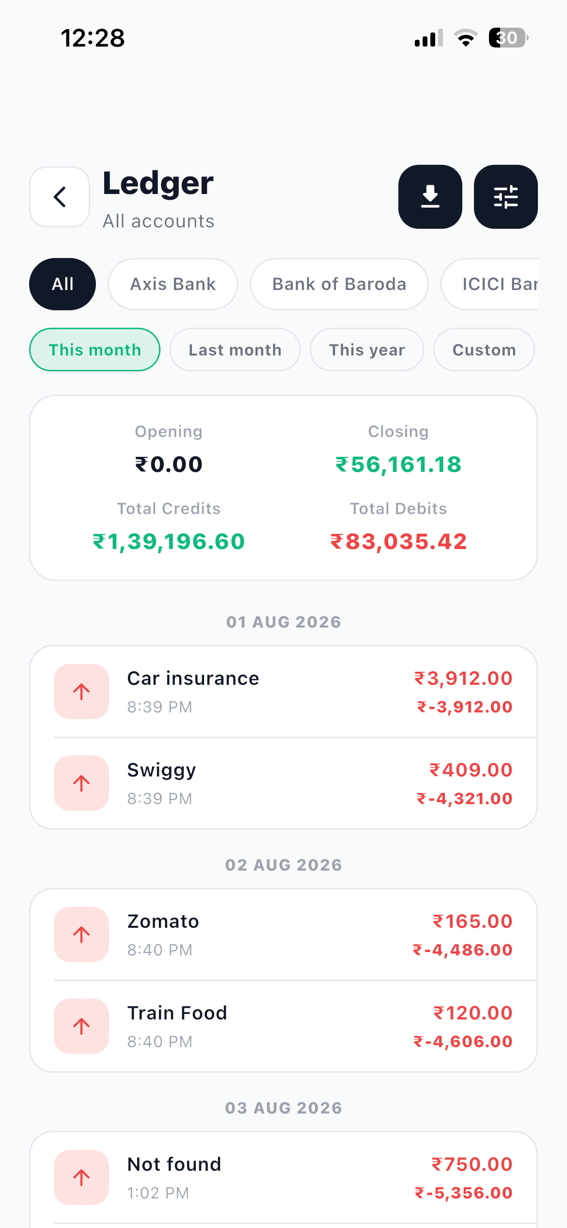 Ledger screen showing opening balance, dated credit and debit rows and closing balance