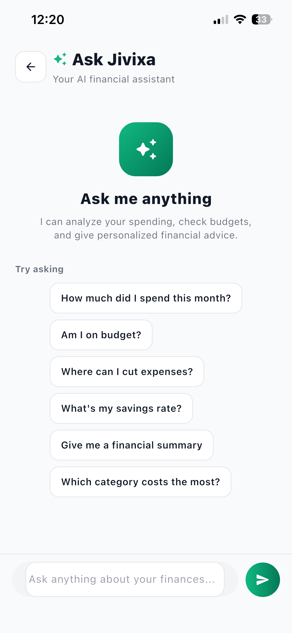 Ask Jivixa start screen with the heading Ask me anything and six suggested questions under Try asking