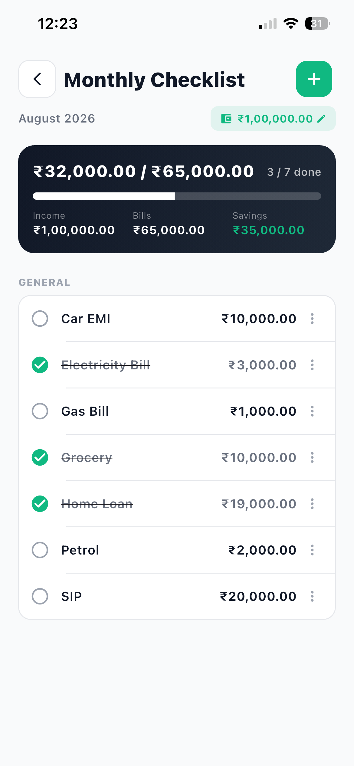 Monthly Checklist for August showing 32,000 of 65,000 rupees paid, 3 of 7 items done, and the income, bills and savings stats