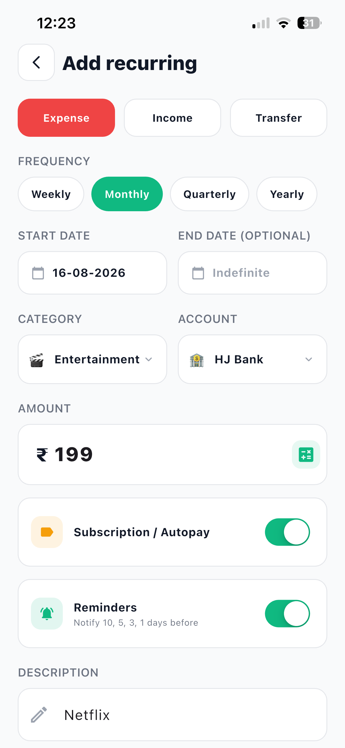 Add recurring form in Hisab Journey with monthly frequency, an indefinite end date, the Entertainment category, and the subscription and reminder switches turned on