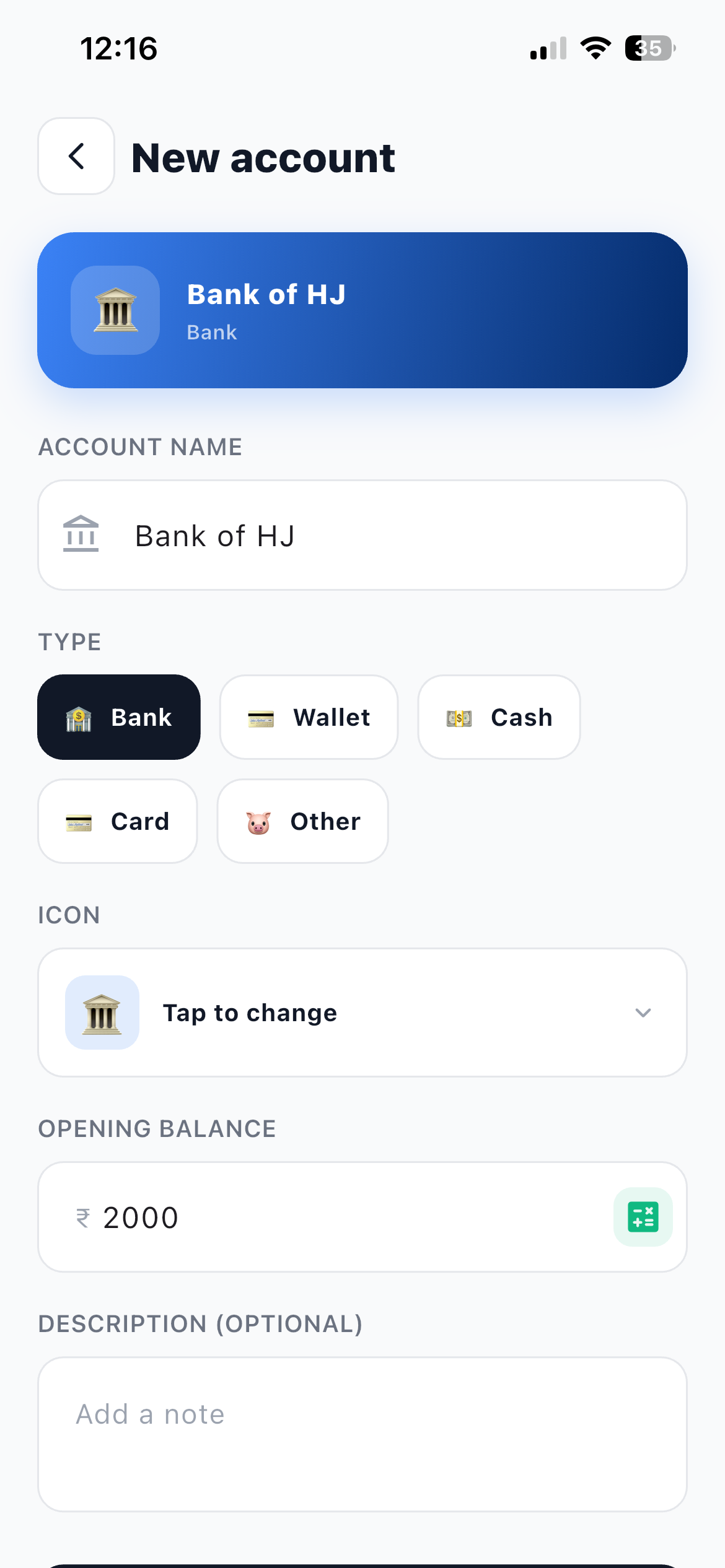 New account form in Hisab Journey showing the account name, the five type chips, the icon picker and the opening balance field