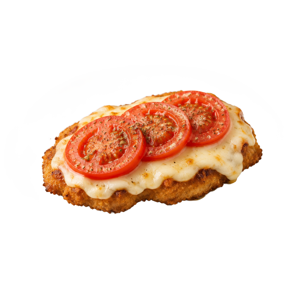 Milanesa de pollo con queso y tomate