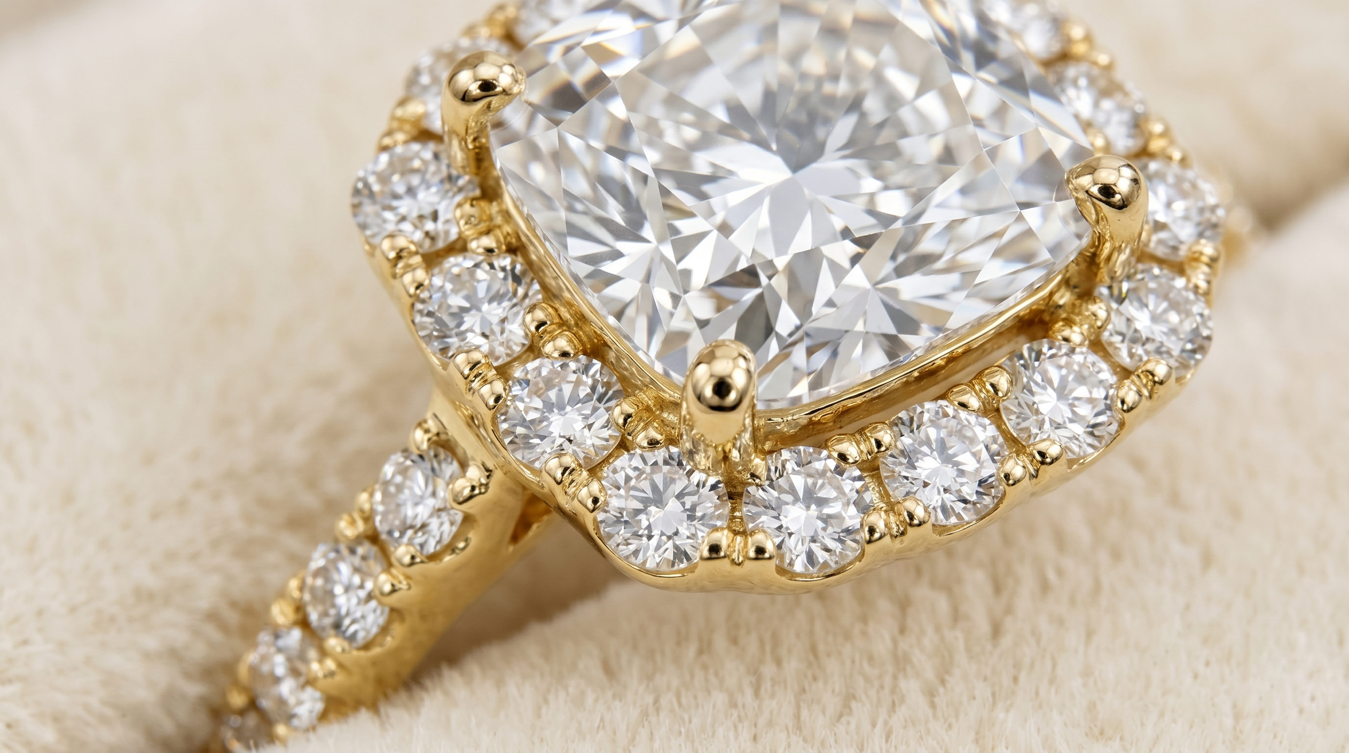 Cushion cut diamond ring macro