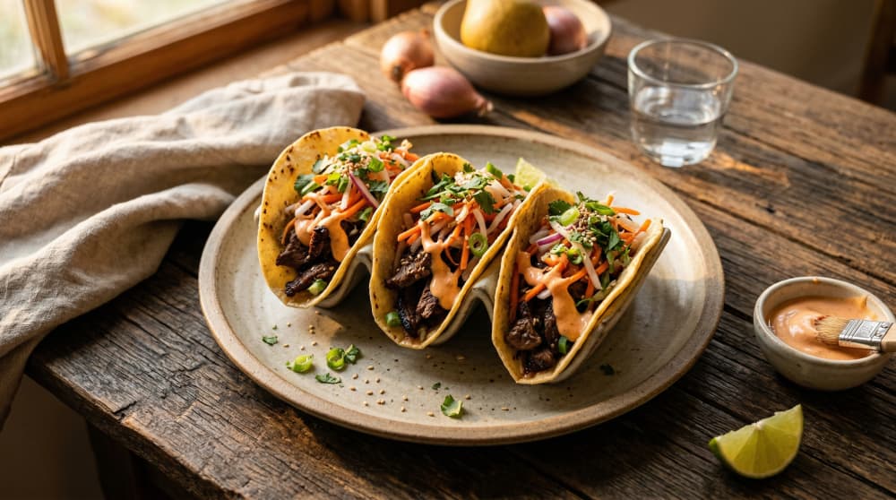 Tacos z wołowiną Bulgogi pełne smaku: Pikantne mayo gochujang i ekspresowe pikle