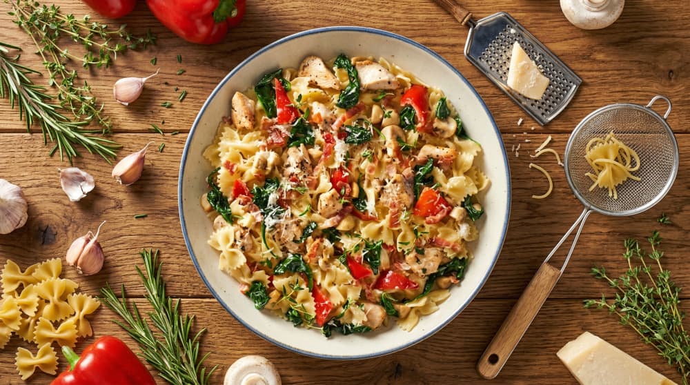 Creamy Chicken Pasta with Bacon and Aromatic Herbs