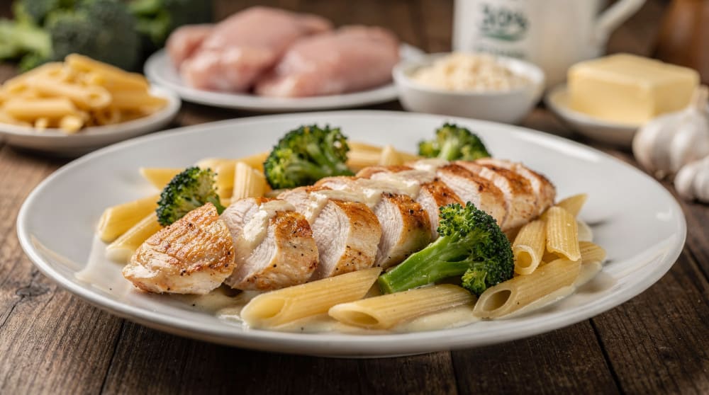 Pollo Alfredo con penne e broccoli