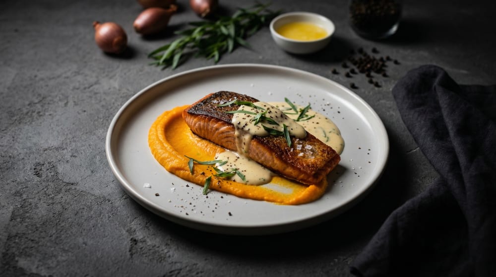 Łosoś Smażony na Patelni z Sosem Śmietanowym Estragonowym i Puree z Marchewki