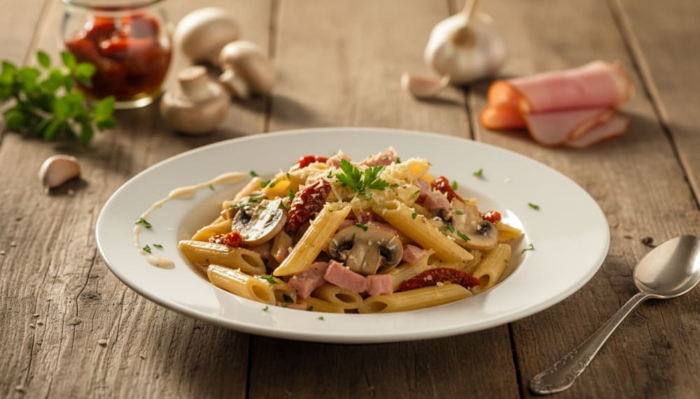 Penne z pieczarkami, szynką i suszonymi pomidorami
