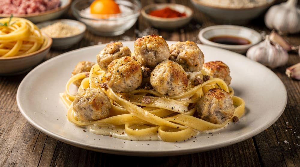 Pasta con polpettine in salsa carbonara