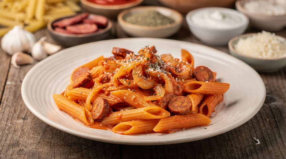 Makaron z chorizo i kremowym sosem pomidorowym