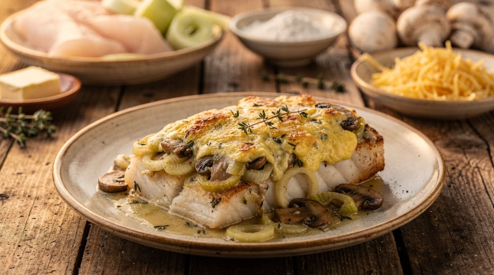 Fisch unter einer Decke aus gedünstetem Lauch und Champignons