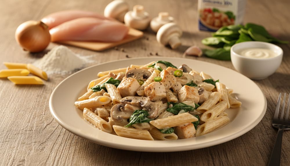 Makaron z kurczakiem i pieczarkami
