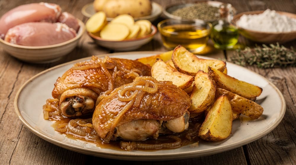 Pollo in salsa di cipolla con patate