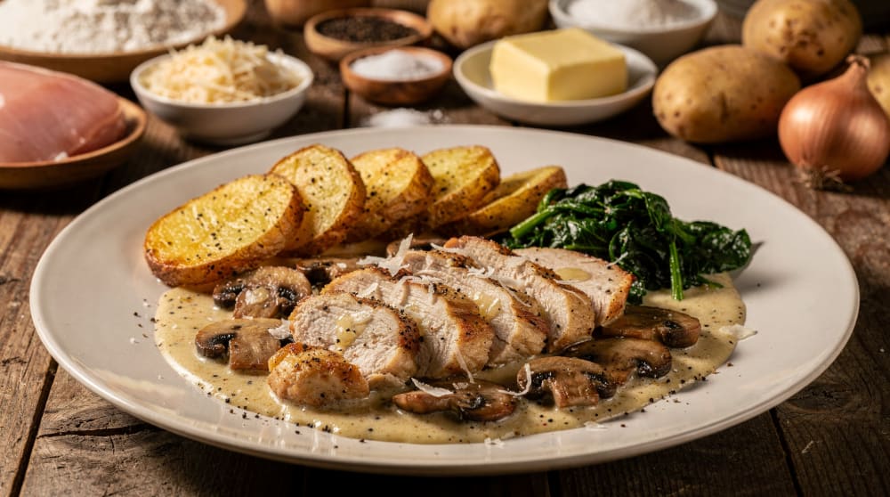 Pollo Cremoso all'Aglio con Funghi e Spinaci