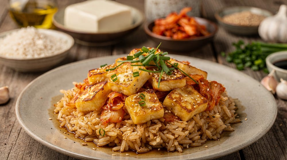 Riso fusion asiatico-mediterraneo con halloumi e kimchi