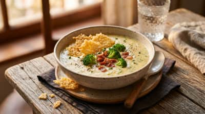 Sammetslen Broccoli-Cheddarsoppa med Krispiga Parmesanflarn